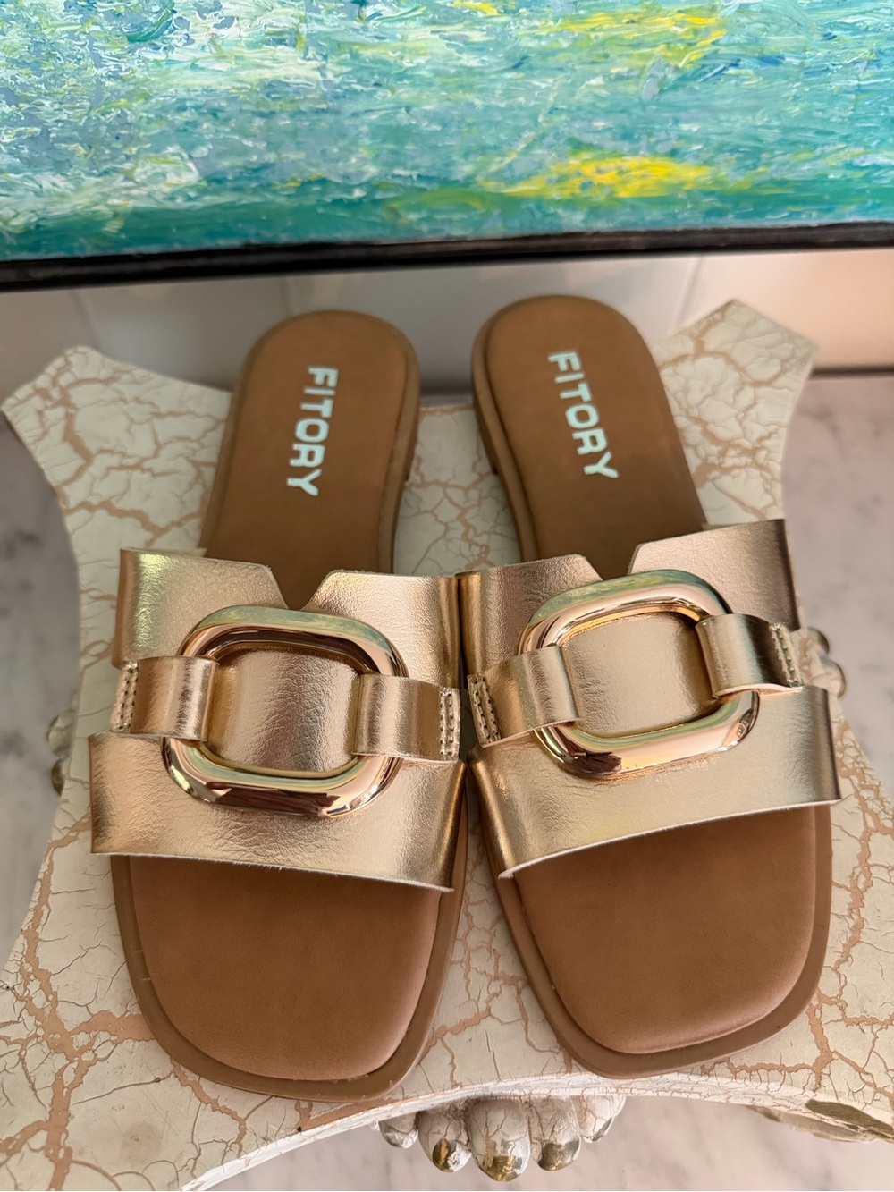 Fitory Metallic Rose Gold Slide Mule with Decorative Buckle